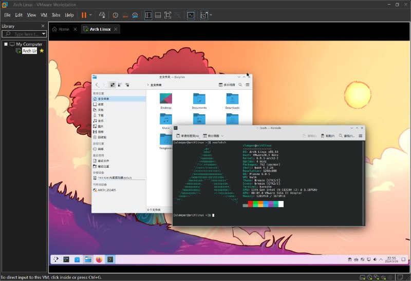 💻 archinstall🔗 一键安装📄 使用 archinstall 安装脚本在 VMware Workstation Pro 全代码手搓 Arch Linux + KDE 桌面 + 中文字体 + 系统中文化 + 中文输入法，跟着教程半小时全部搞定，很漂亮的系统，后期美化一下会更好看🏷️ #教程, #Linux, #脚本👾 @sleeponsofa