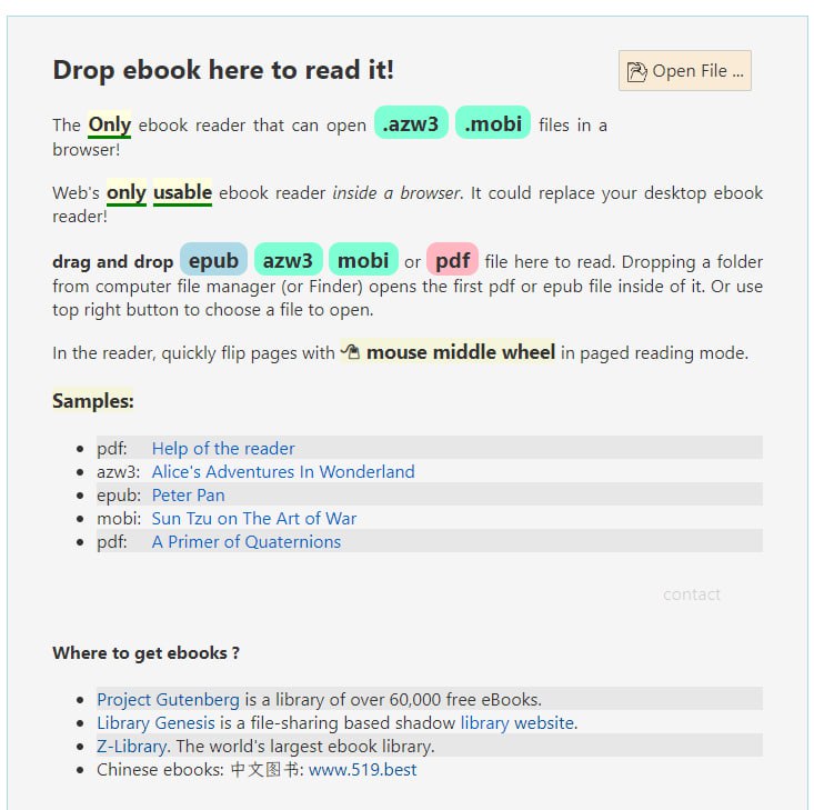 📖 Ebook Reader for web🔗 在线阅读📄 支持 epub, azw3, mobi 和 pdf 格式的在线电子书阅读器，直接将文件拖入即可打开🏷️ #网站, #文件, #电子书👾 @sleeponsofa