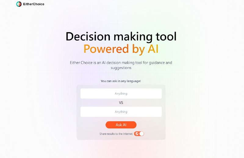 👀 Either Choice🔗 AI帮你选📄 当你对两个选择犹豫不决的时候，你完全可以试试将这道难题抛给AI，看AI是如何理性的选择的🏷️ #AI, #网站👾 @sleeponsofa